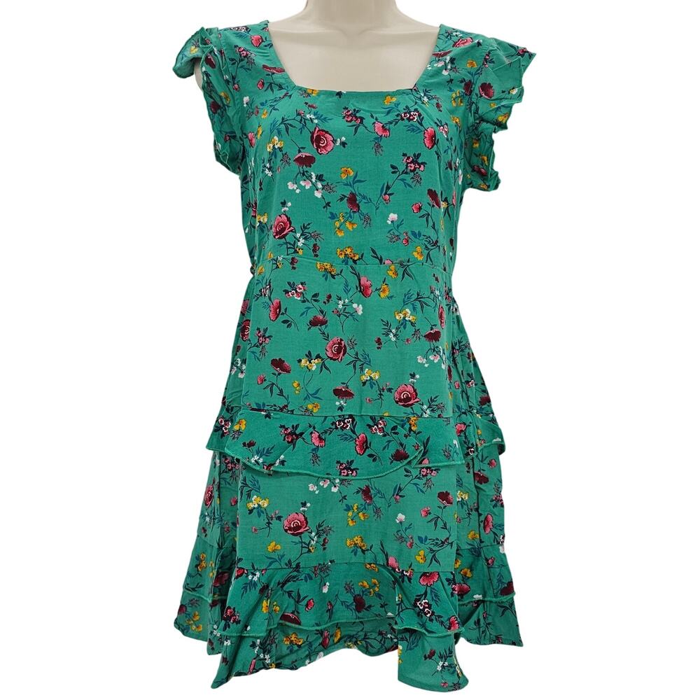 Lottie & Holly B.O.G Womans size S Green Floral Cap Sleeve Mini Dress Tiered NEW